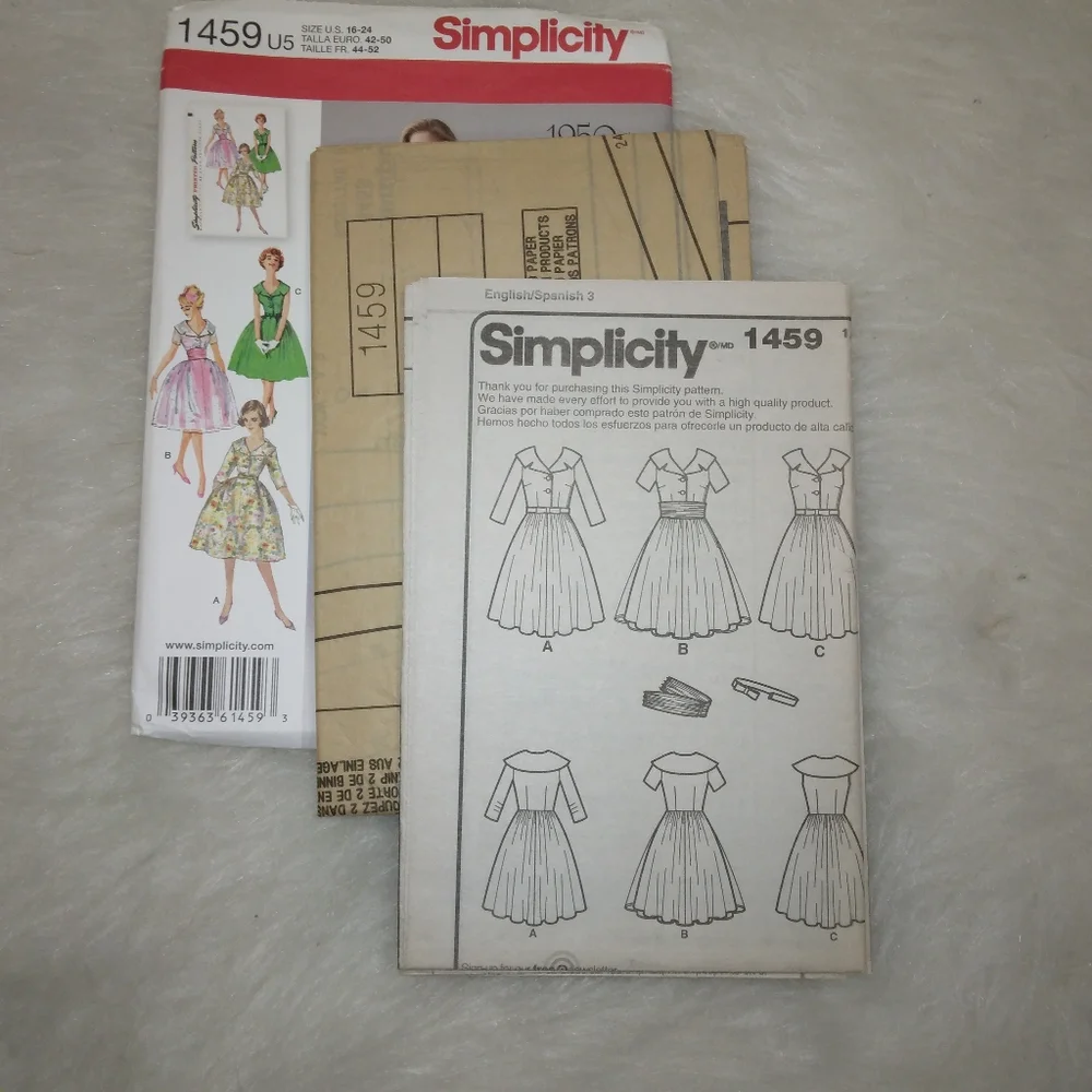 SIMPLICITY 1459 sz 16-24  Misses 1950s style dress w/ lapel collar in variations
